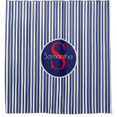 Stijlvol Navy Blauwe Rode Gestreepte Monogram Douchegordijn (Voorkant)