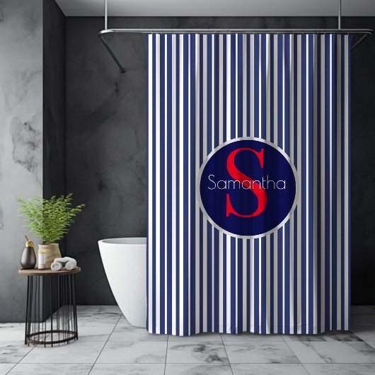 Stijlvol Navy Blauwe Rode Gestreepte Monogram Douchegordijn
