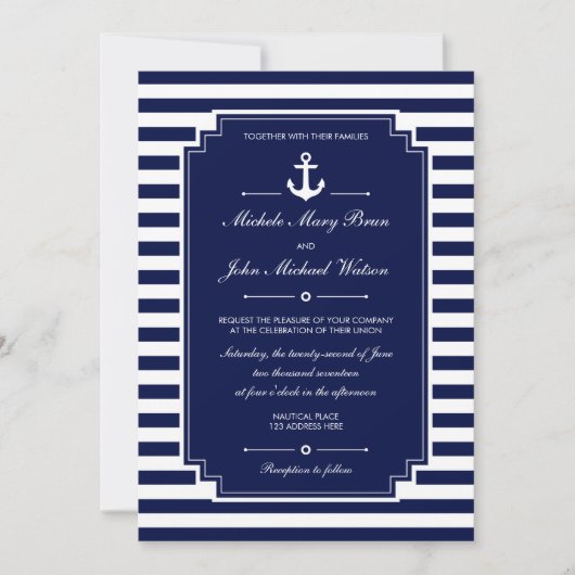 Stijlvol Nieuw Nautical Blue Wedding Invite Kaart (Voorkant)