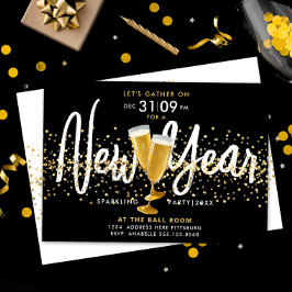 Stijlvol Nieuwjaar Champagne Goud Confetti Zwart Kaart