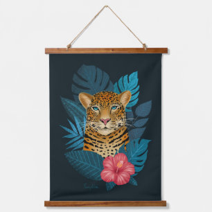 Stijlvol Oerwoud Leopard Floral Art Blauwe marin Hangend Wandkleed