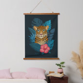 Stijlvol Oerwoud Leopard Floral Art | Blauwe marin Hangend Wandkleed (Slaapkamer)