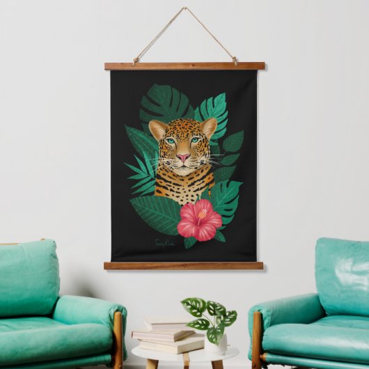 Stijlvol Oerwoud Leopard Floral Art | Groen Zwart Hangend Wandkleed (Woonkamer)