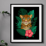 Stijlvol Oerwoud Leopard Floral Art | Groen Zwart Poster<br><div class="desc">Dit prachtige kunst print poster heeft een handgetekende luipaard,  met tropische oerwouden bladeren en een felroze hibiscusbloem over een aangepaste kleur achtergrond (in zwart afgebeeld). Modern,  mooi en uniek - maakt een geweldig cadeau! * Kunstwerk / Illustratie van Tracey Khalei / Orabella Prints</div>