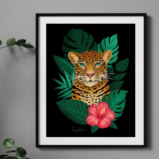 Stijlvol Oerwoud Leopard Floral Art | Groen Zwart Poster