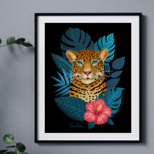 Stijlvol Oerwoud Leopard Floral Art   marineblauw Poster