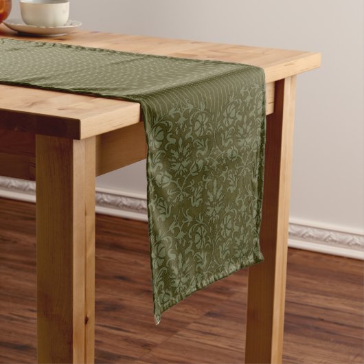Stijlvol Olive Green Damask Korte Tafelloper (Voorbeeld)