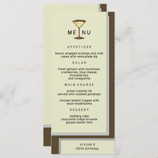 Stijlvol Olive Martini Verjaardagsdiner Menu (Voorkant / Achterkant)