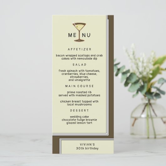Stijlvol Olive Martini Verjaardagsdiner Menu (Staand voorkant)