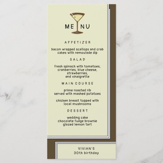 Stijlvol Olive Martini Verjaardagsdiner Menu (Voorkant)