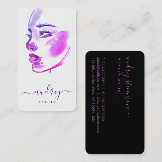 Stijlvol ombre Violet Beauty Waterverf Script Visitekaartje (Voorkant / Achterkant)