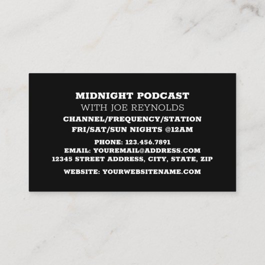 Stijlvol ontwerp, podcaster, podcast visitekaartje (Achterkant)