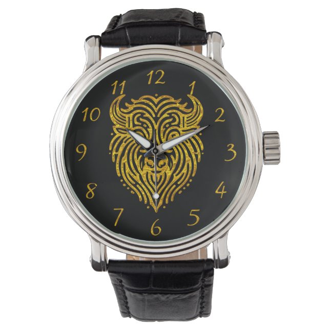 Stijlvol ontwerp van een gouden bizon Buffalo Head Horloge (Voorkant)