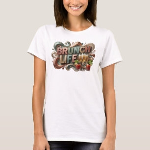 Stijlvol Oranje BRUNCH LEVEN Artistiek Motief T-shirt