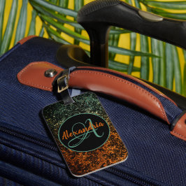 Stijlvol Oranje en groen zwart Floral monogram Bagagelabel