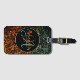 Stijlvol Oranje en groen zwart Floral monogram Bagagelabel