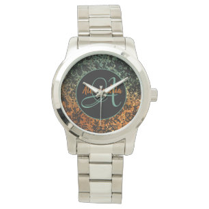 Stijlvol Oranje en groen zwart Floral monogram Horloge