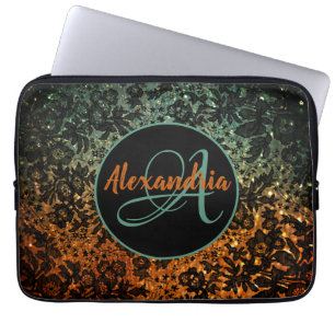 Stijlvol Oranje en groen zwart Floral monogram Laptop Sleeve
