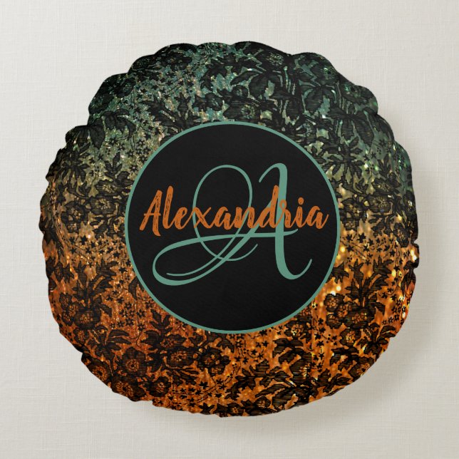 Stijlvol Oranje en groen zwart Floral monogram Rond Kussen (Voorkant)