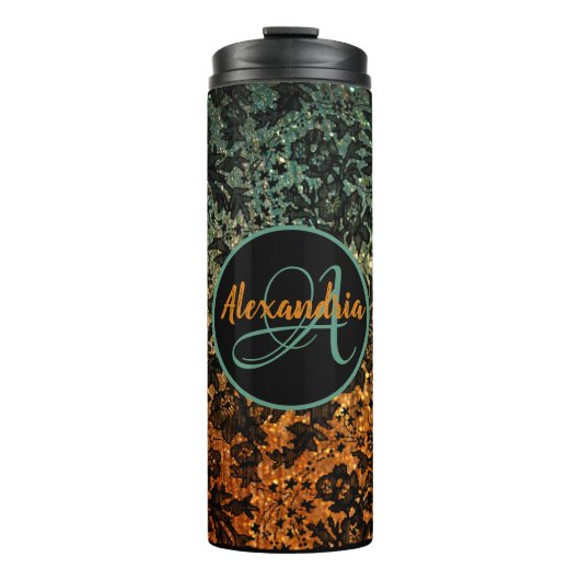 Stijlvol Oranje en groen zwart Floral monogram Thermosbeker (Voorkant)