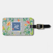 Stijlvol Oranje Floral Chevron Chic Blue Monogram Bagagelabel (Voorkant horizontaal)