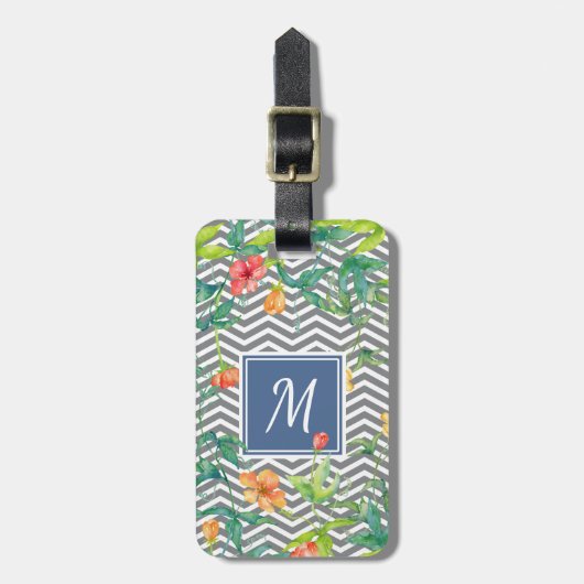 Stijlvol Oranje Floral Chevron Chic Blue Monogram Bagagelabel (Voorkant verticaal)