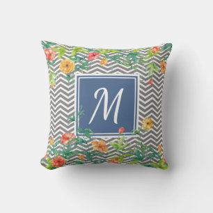 Stijlvol Oranje Floral Chevron Chic Blue Monogram Kussen