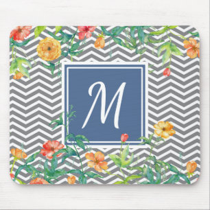 Stijlvol Oranje Floral Chevron Chic Blue Monogram Muismat