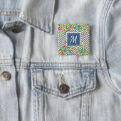 Stijlvol Oranje Floral Chevron Chic Blue Monogram Vierkante Button 5,1 Cm (In situ)