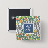 Stijlvol Oranje Floral Chevron Chic Blue Monogram Vierkante Button 5,1 Cm (Voorkant /achterkant)