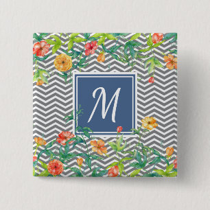 Stijlvol Oranje Floral Chevron Chic Blue Monogram Vierkante Button 5,1 Cm