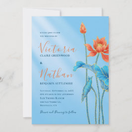 Stijlvol Oranje Lotus Flower Blue Wedding Kaart