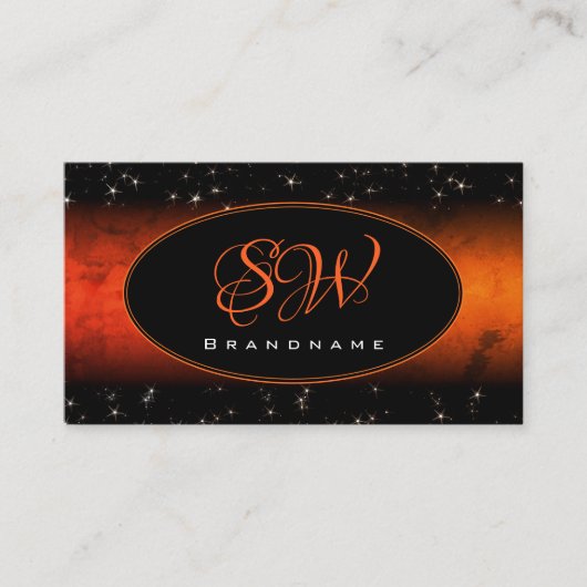 Stijlvol Oranje marmer Black Glitter Stars Initial Visitekaartje (Voorkant)