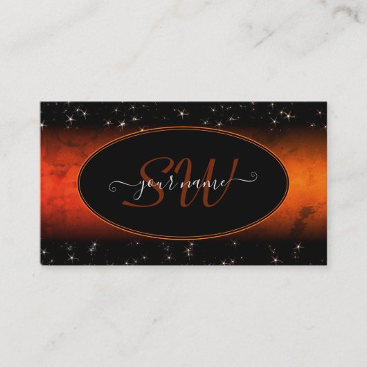 Stijlvol Oranje marmer Black Glitter Stars Monogra Visitekaartje (Voorkant)