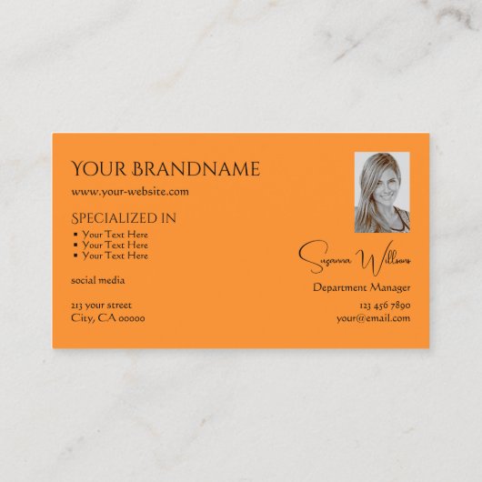 Stijlvol Oranje met monogram en fotoafbeelding Visitekaartje (Achterkant)