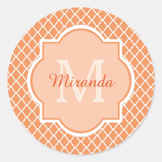 Stijlvol Oranje Quatrefoil monogram met naam Ronde Sticker (Voorkant)