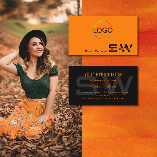 Stijlvol Oranje zwart met monogram en eenvoudig Lo Visitekaartje