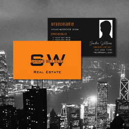Stijlvol Oranje zwart met monogram en foto Visitekaartje
