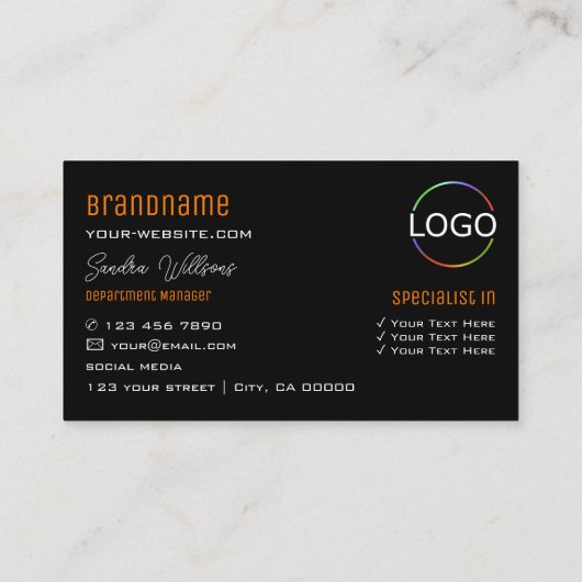 Stijlvol Oranje zwart met monogram en Logo Visitekaartje (Achterkant)