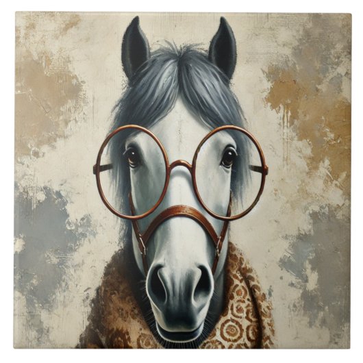 Stijlvol paard met bril – Grappige kunst Tegeltje (Voorkant)