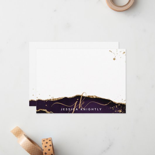 Stijlvol Paars Agate Gold Glitter Script Monogram Notitiekaartje (Voorkant / Achterkant in situ)