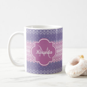 Stijlvol paars breipatroon met monogram en naam koffiemok