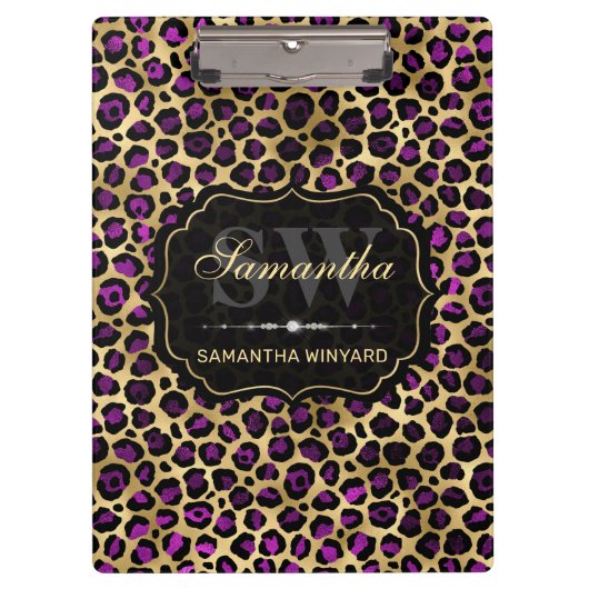 Stijlvol Paars- en goudoliepleopardmonogram Klembord (Voorkant)