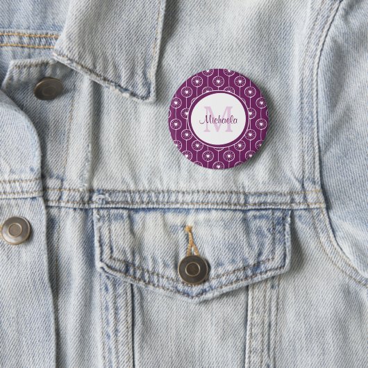 Stijlvol Paars en wit monogram met naam Ronde Button 5,7 Cm (In situ)