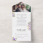 Stijlvol Paars Floral Waterverf Foto bruiloft All In One Uitnodiging (Binnen)