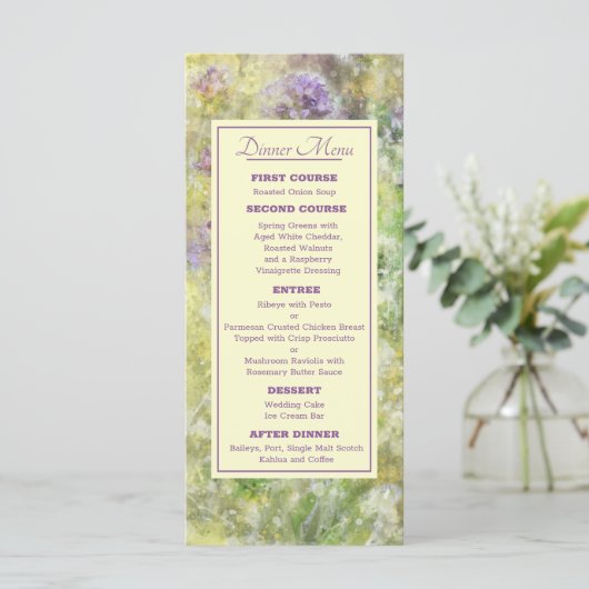 Stijlvol Paars Floral Wedding Menu (Staand voorkant)