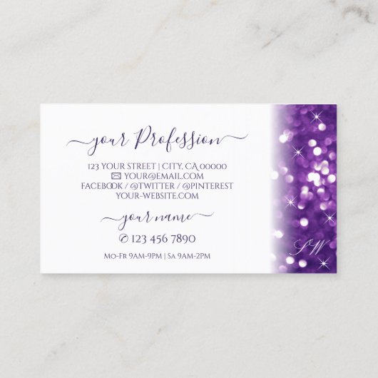 Stijlvol Paars glitter-monogram Visitekaartje (Achterkant)