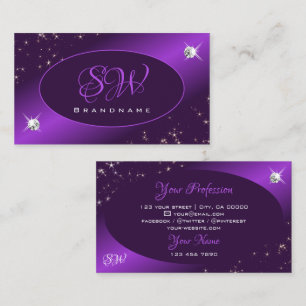 Stijlvol Paars Glitter Stars Diamonds en Initialen Visitekaartje