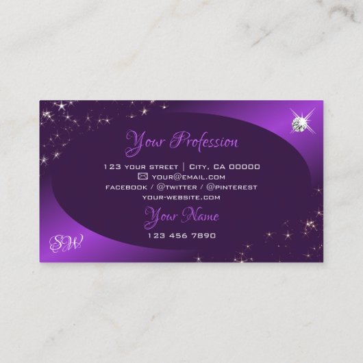 Stijlvol Paars Glitter Stars Diamonds en Initialen Visitekaartje (Achterkant)