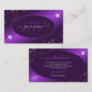 Stijlvol Paars Glitter Stars Diamonds en Monogram Visitekaartje